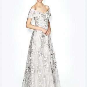 Stunning Off-Shoulder Silver Floral Gown